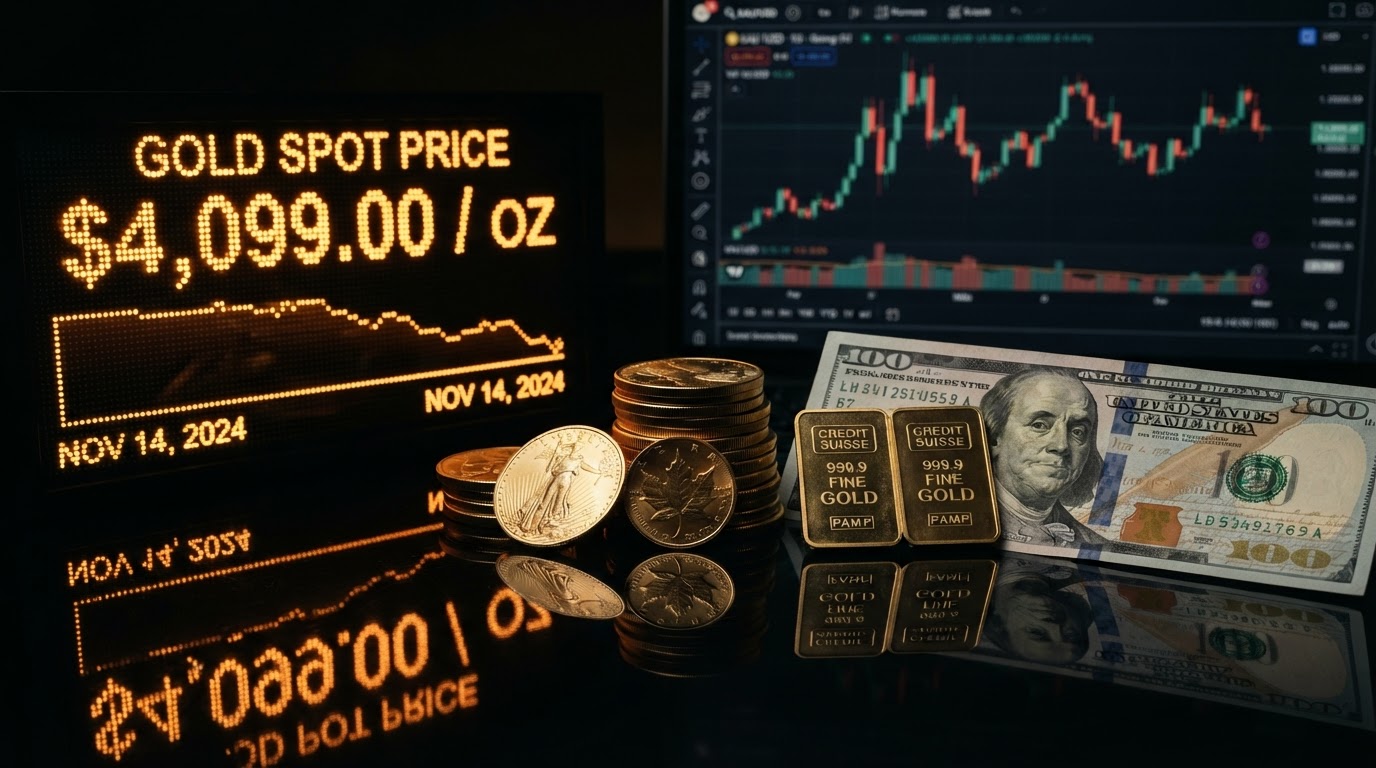 A realistic still life of gold bars and gold coins stacked next to a US dollar bill on a dark reflective surface, a glowing gold price chart showing $4,099 in amber light, a small forex candlestick chart in the background, dramatic dark lighting, no people