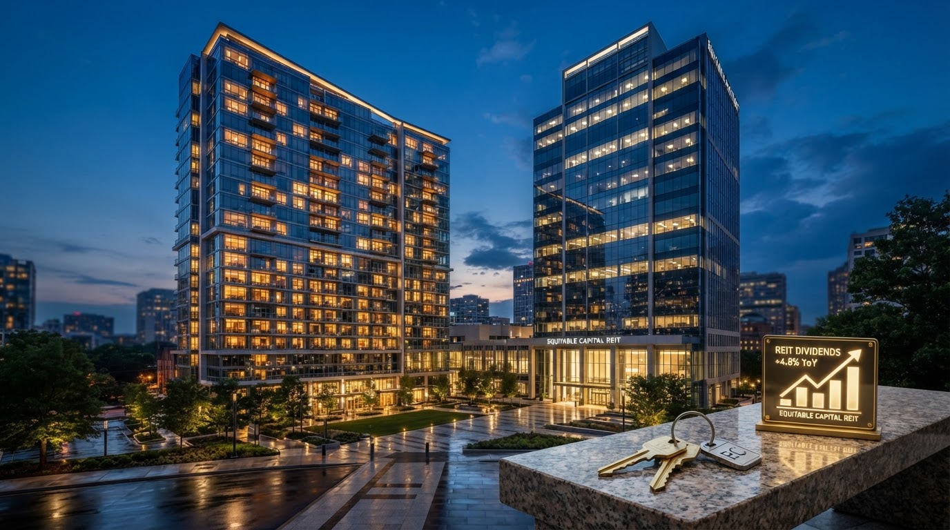 A realistic exterior shot of a modern glass apartment building and office tower at blue hour representing REIT real estate investment, with a small golden dividend chart overlay and keys, warm interior lights glowing in windows, no people