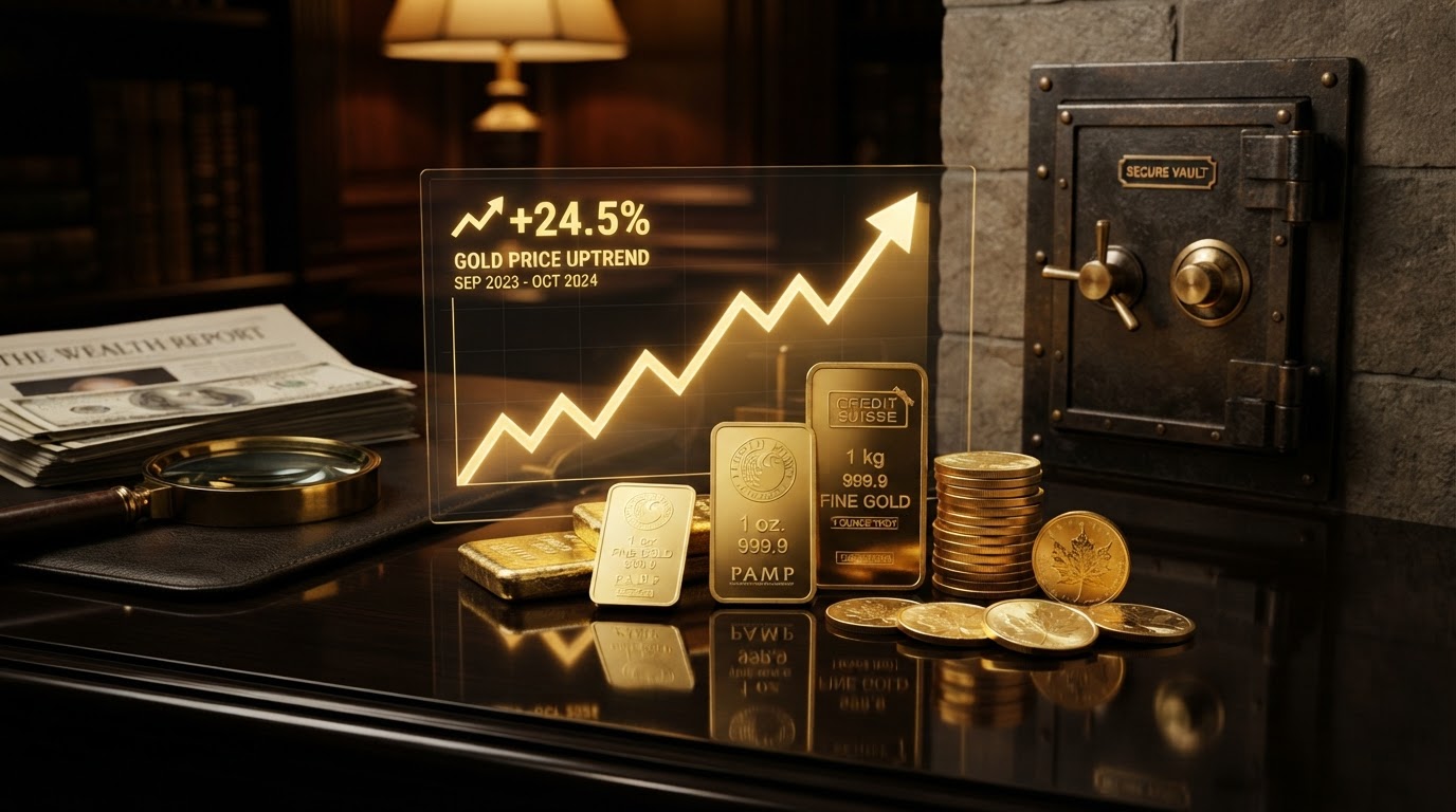 A realistic still life of gold investment concept, several shiny physical gold bars and gold coins stacked on a dark reflective surface with a glowing golden upward price chart overlay, a magnifying glass and a small vault door in the background, warm golden lighting with deep shadows, no people