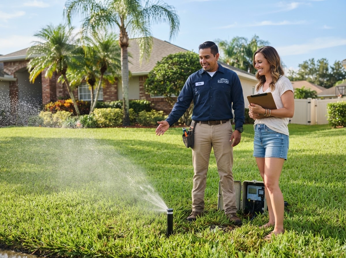 Tampa Bay irrigation technician discussing sprinkler service with a homeowner on a lush green lawn