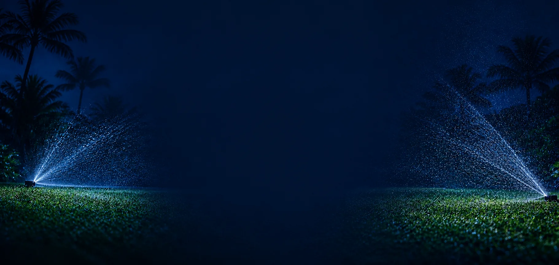 Bright nighttime sprinkler system spraying water across a lush green lawn in Tampa Bay