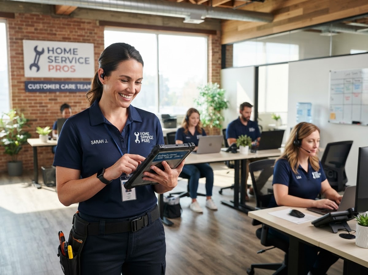 Home service technician confirming a booking on a tablet, synced automatically by Bella AI receptionist
