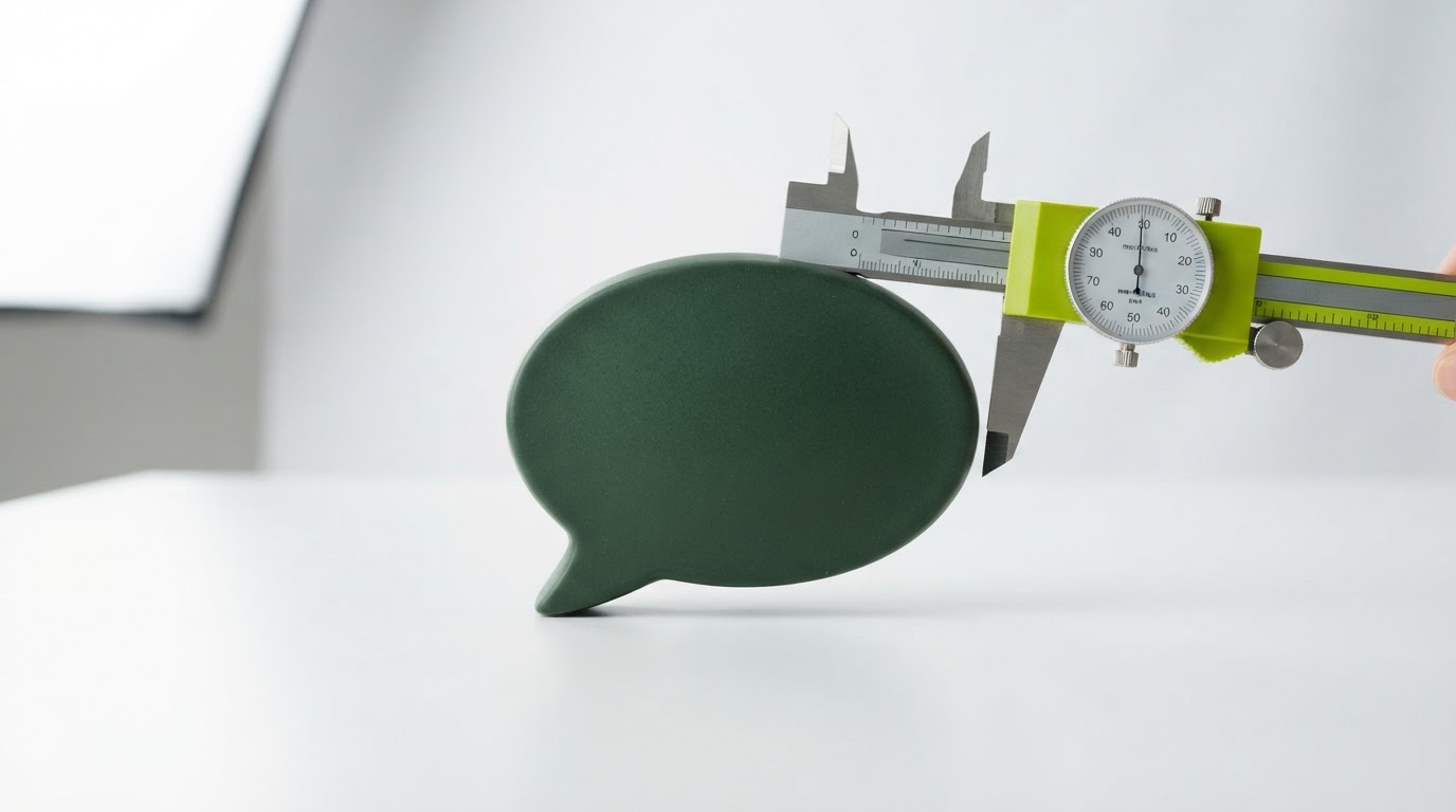 Speech-bubble sculpture being checked with a measuring caliper