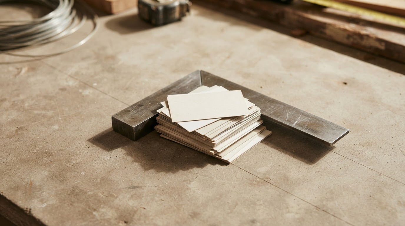 Carpenter square aligning mismatched blank business cards into a tidy stack