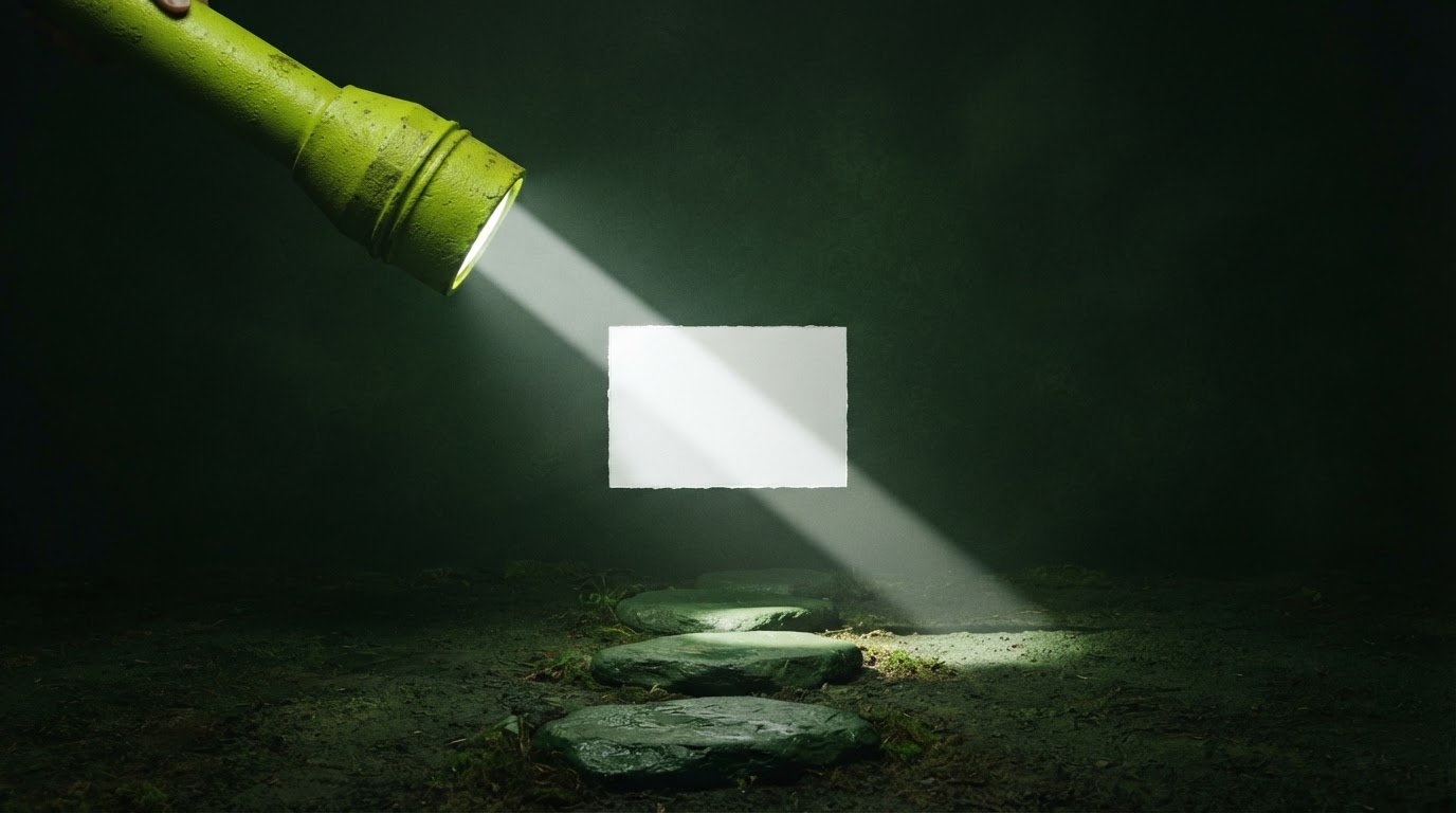 Torch illuminating stepping stones through a paper search window