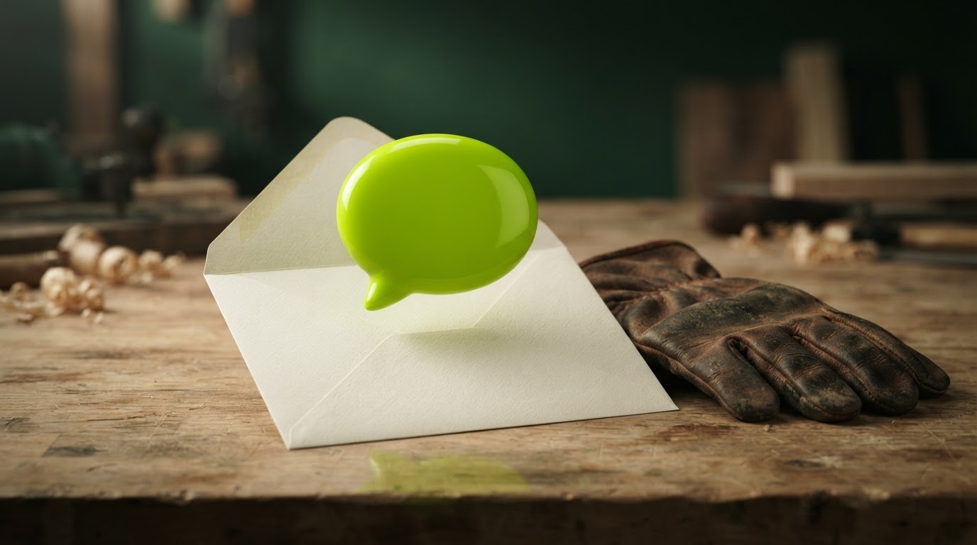 Open envelope releasing a lime speech bubble beside a work glove