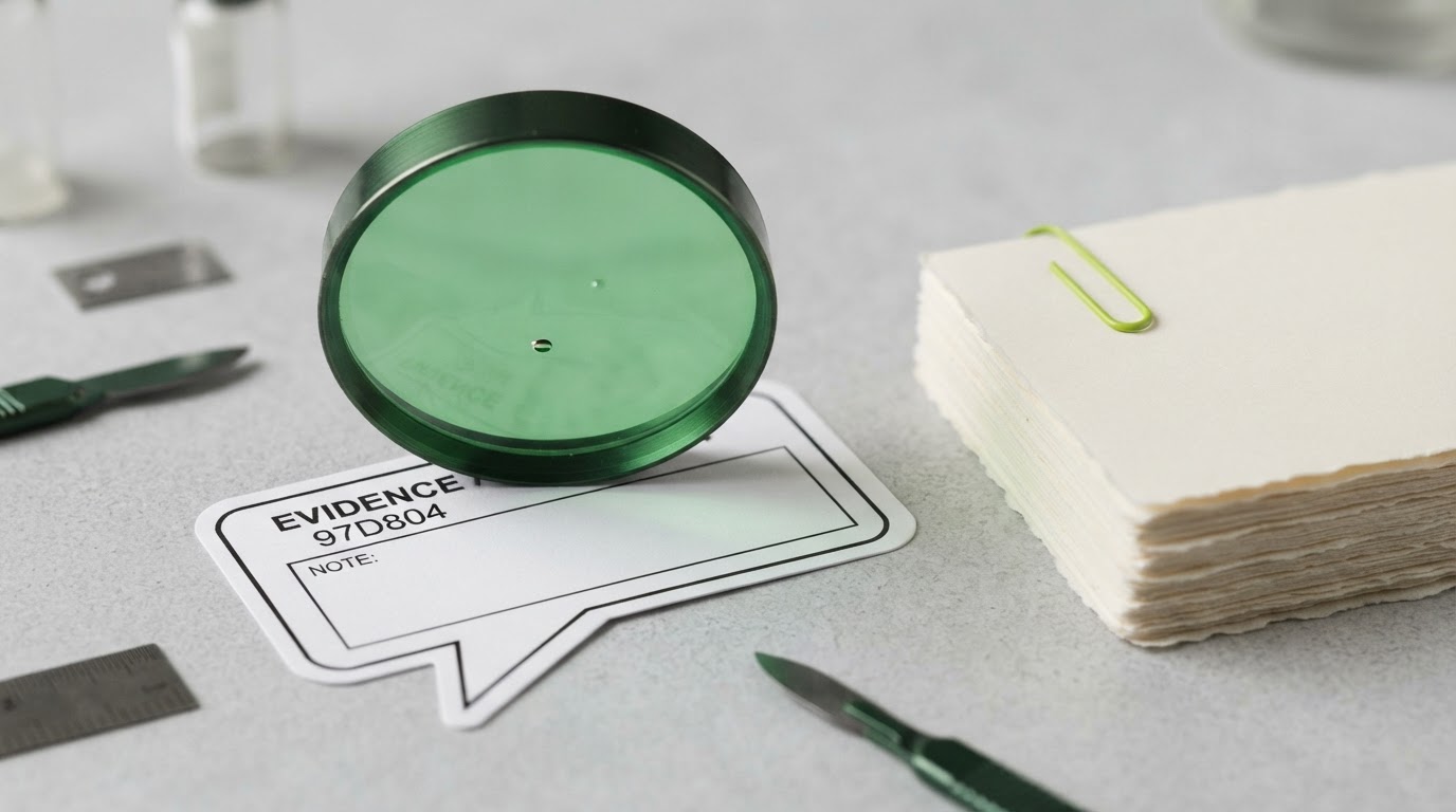 Magnifying lens examining a speech-bubble card beside organised notes