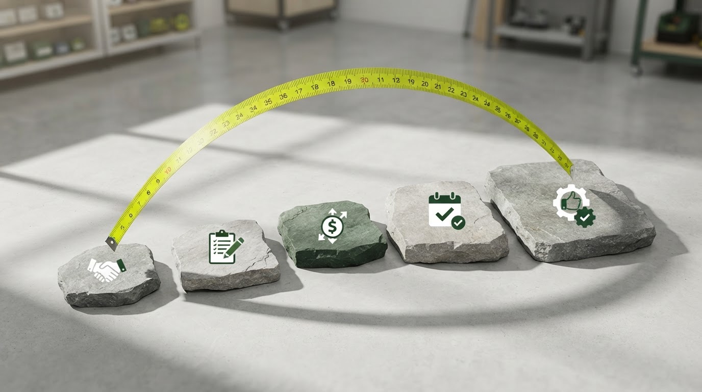 Five stepping stones beneath an arcing lime measuring tape