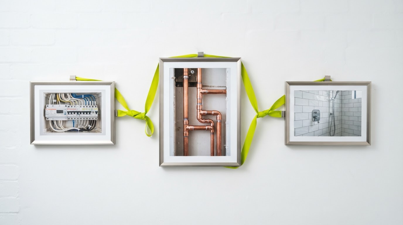 Three floating photo frames showing details of trade workmanship