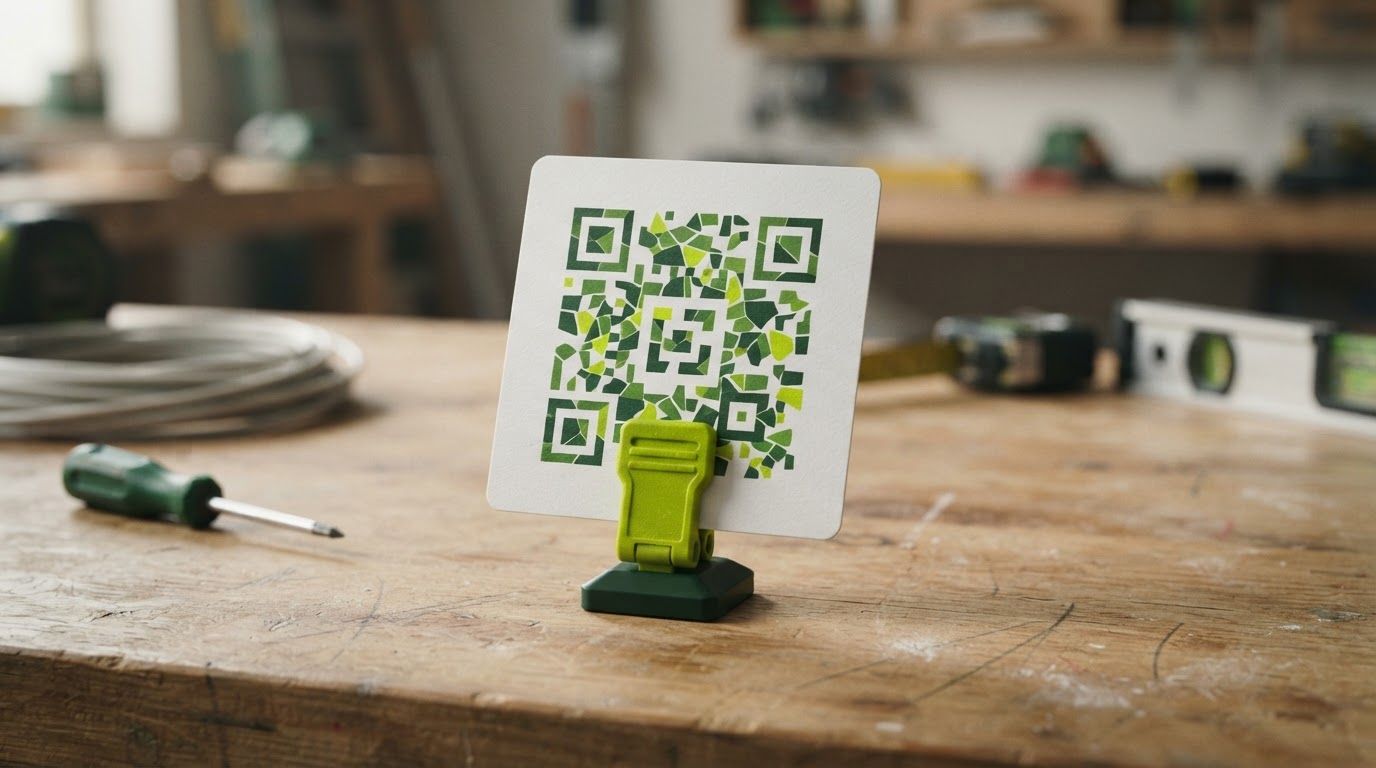 Handover card in a lime clip with an abstract mosaic representing a QR code