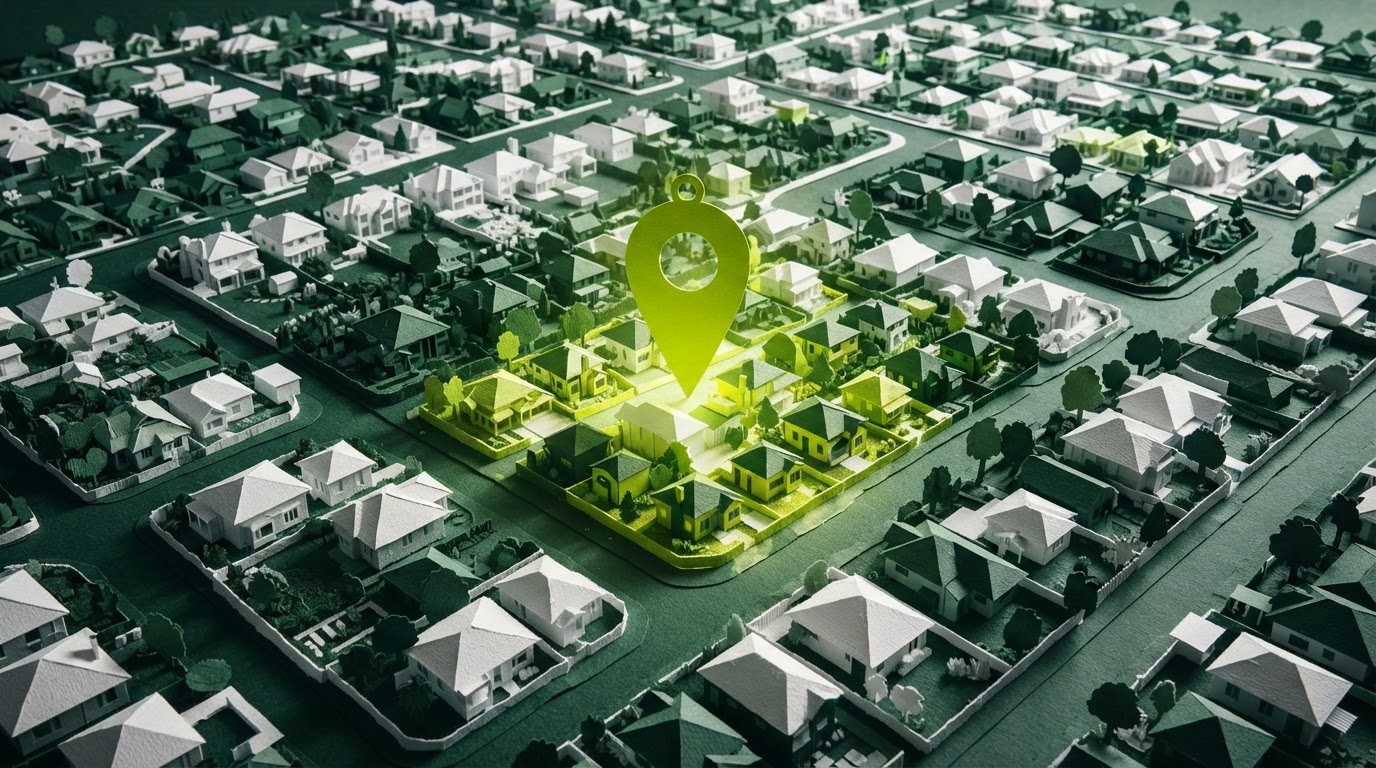 Paper neighbourhood with a lime location pin