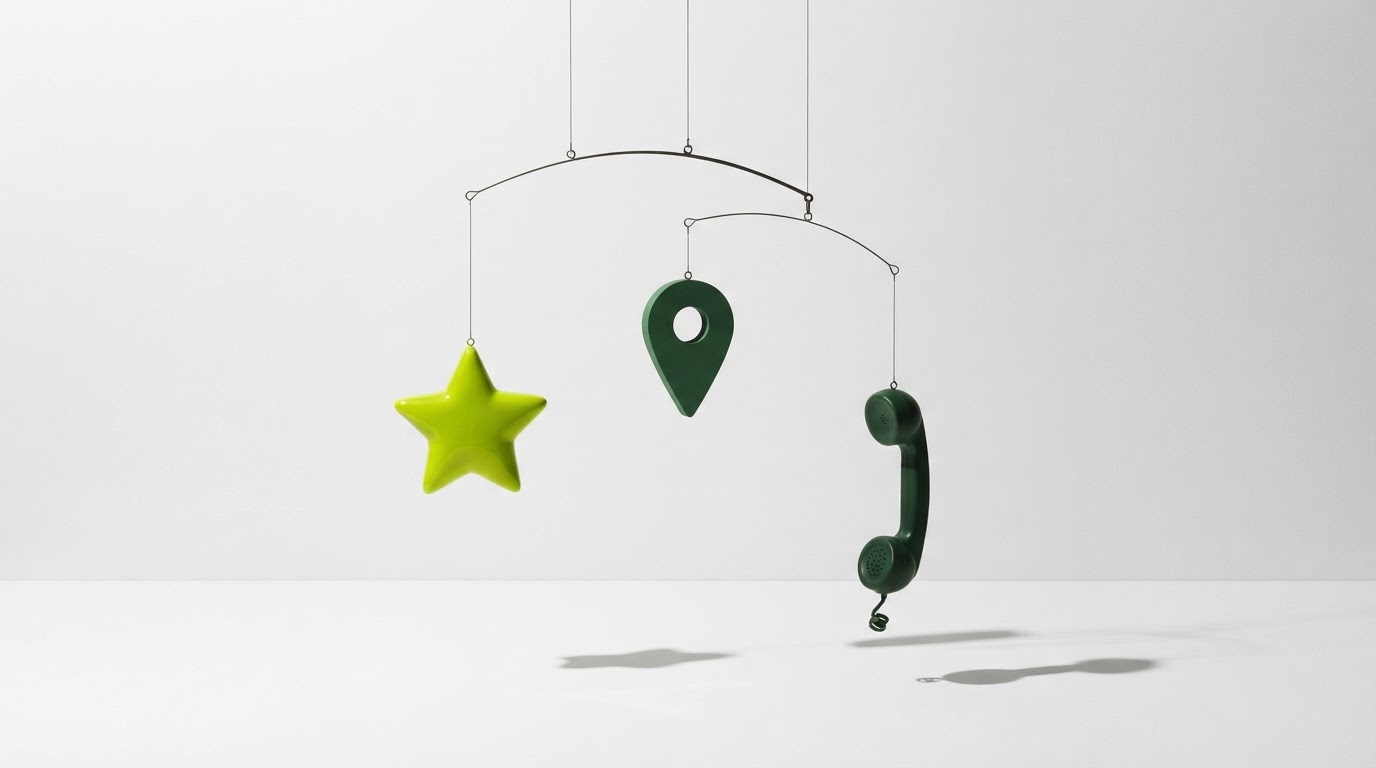 Hanging mobile with a star, location pin and telephone