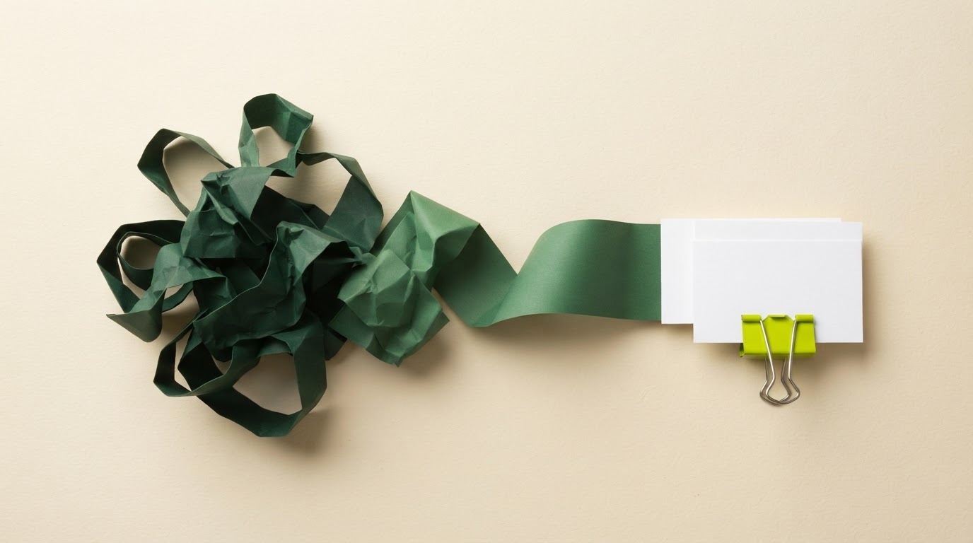 Tangled paper ribbon becoming three organised cards
