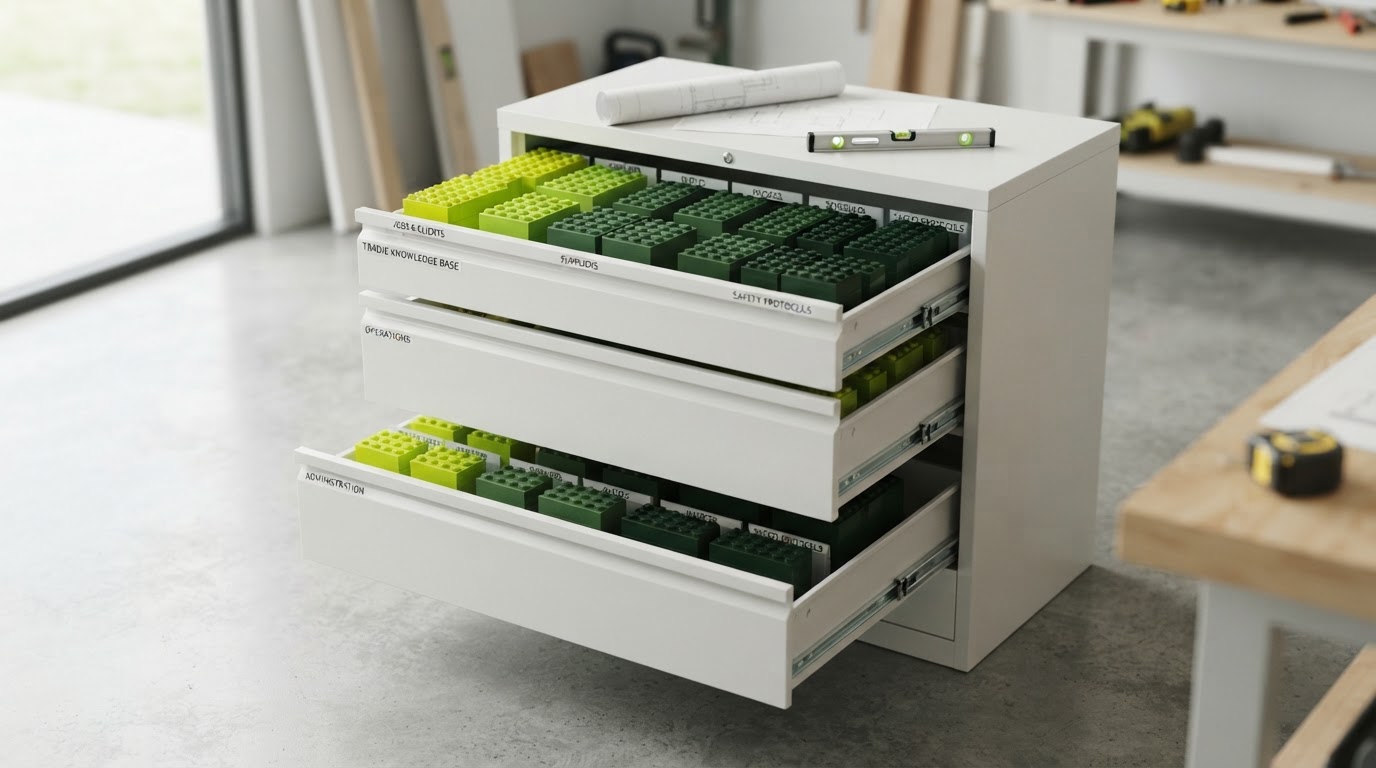 Open filing cabinet containing organised lime and green building blocks