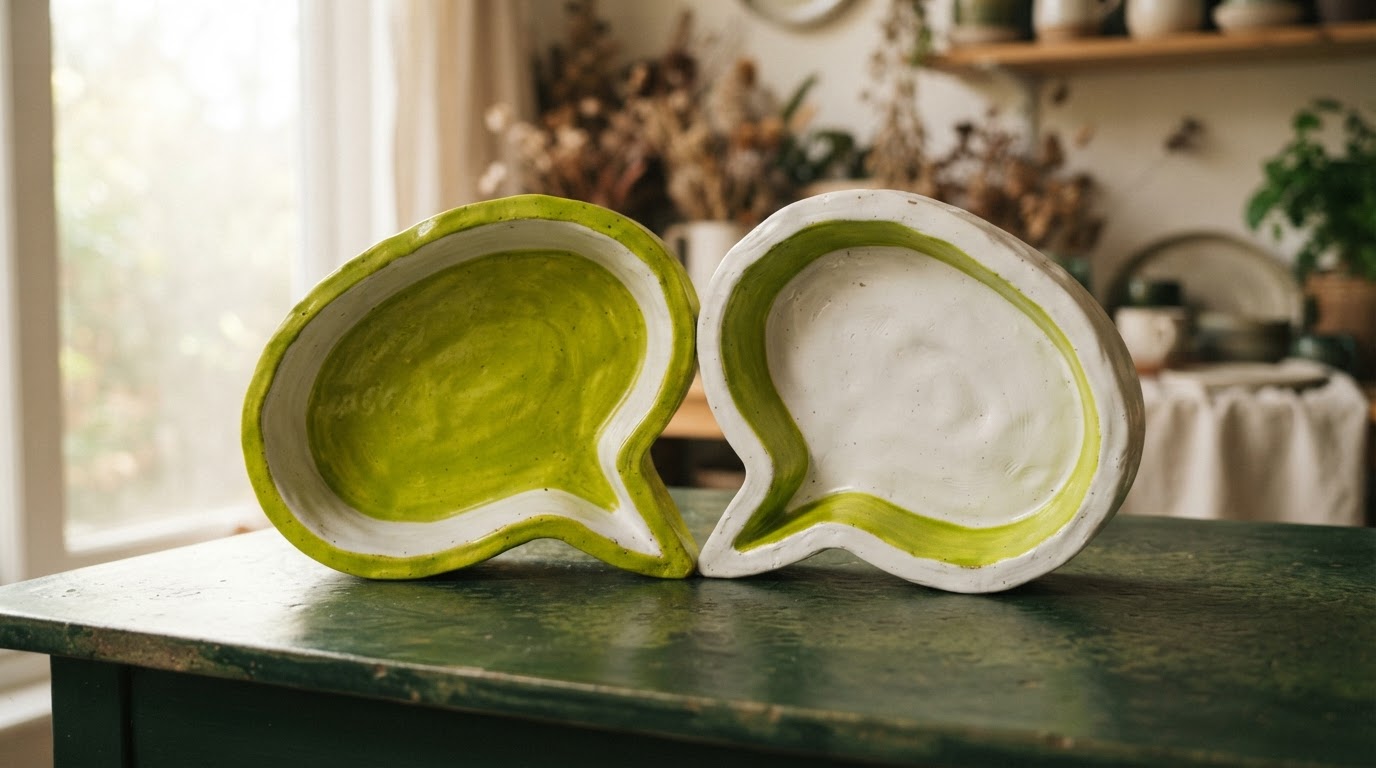 Two ceramic speech bubbles leaning towards each other
