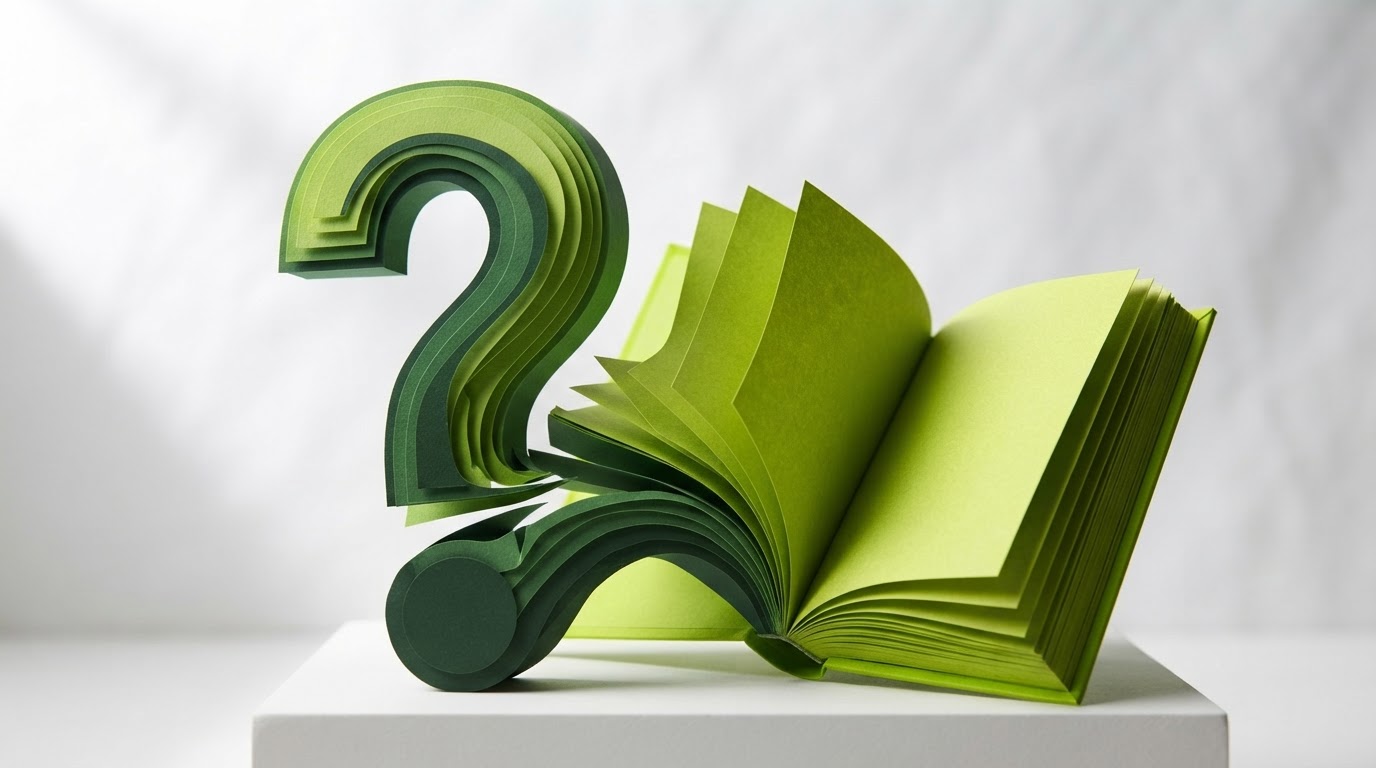 Question-mark sculpture unfolding into an open book