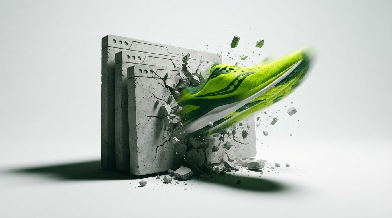 Lime running shoe breaking free of heavy browser-shaped slabs