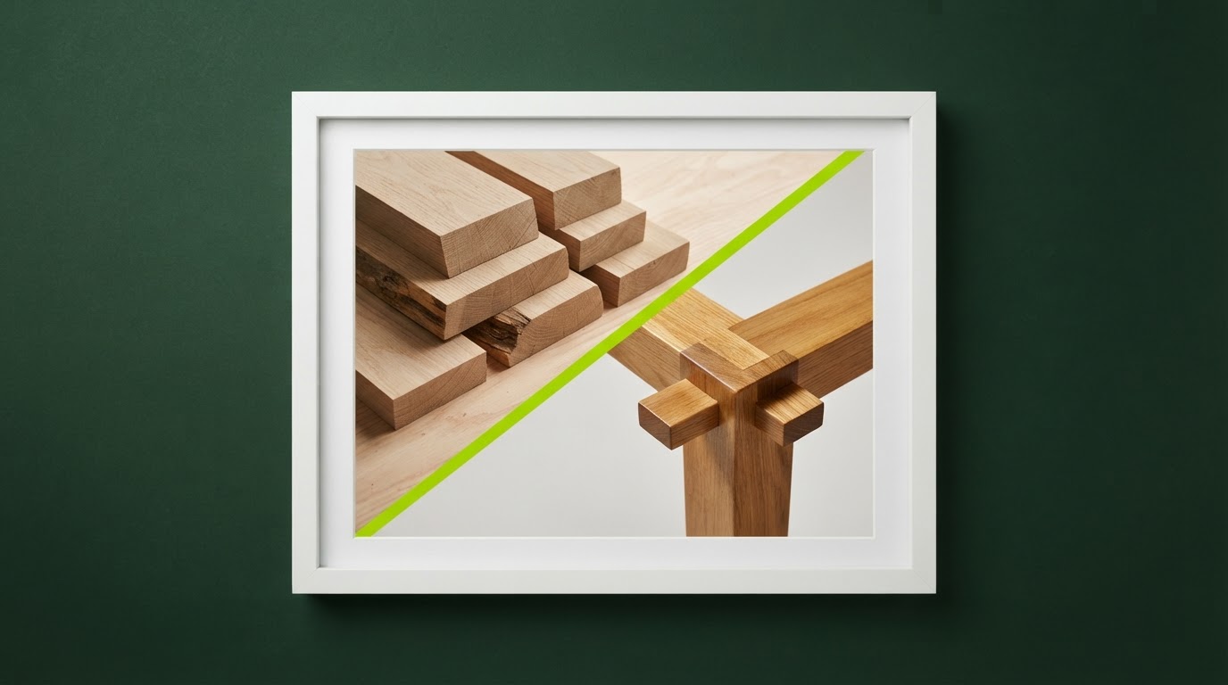 Split frame comparing raw timber pieces with a completed timber joint