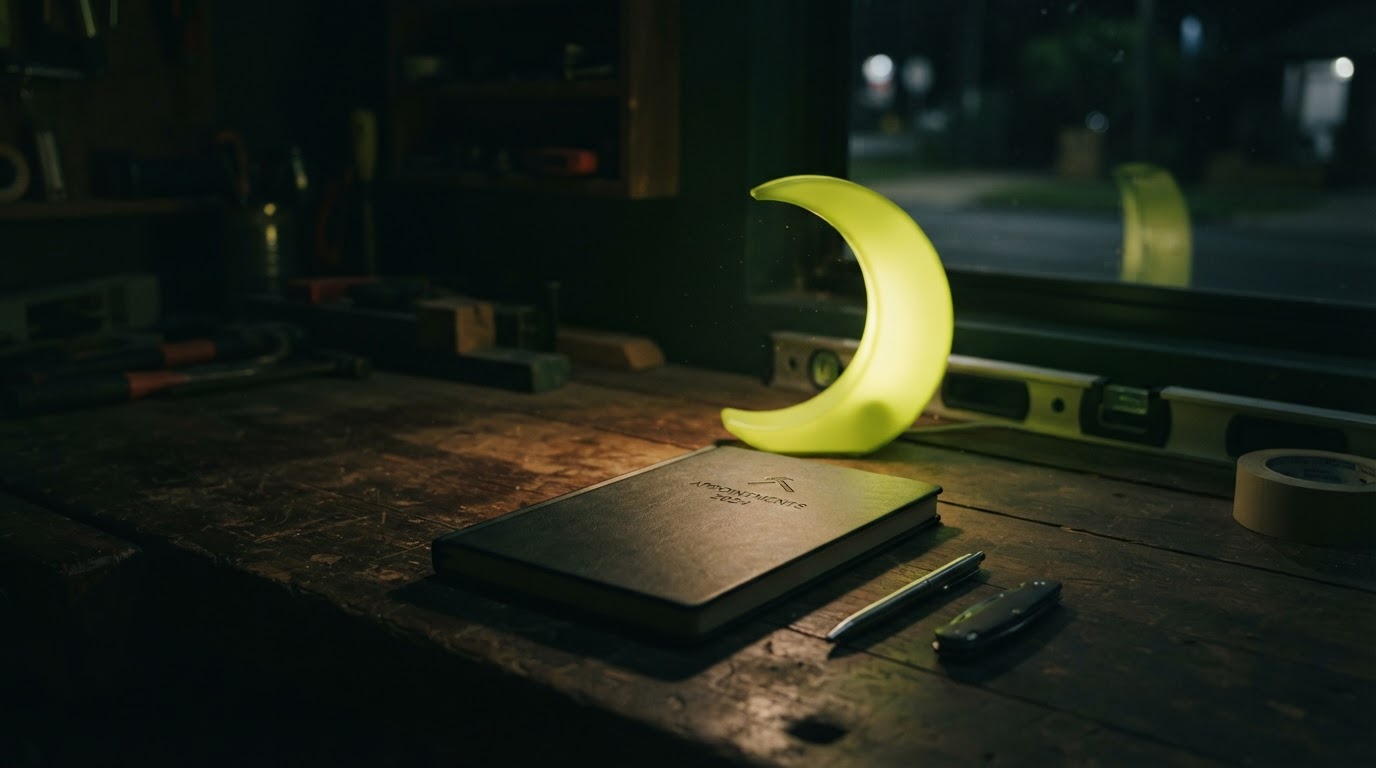 Lime crescent lamp illuminating a closed appointment book at night