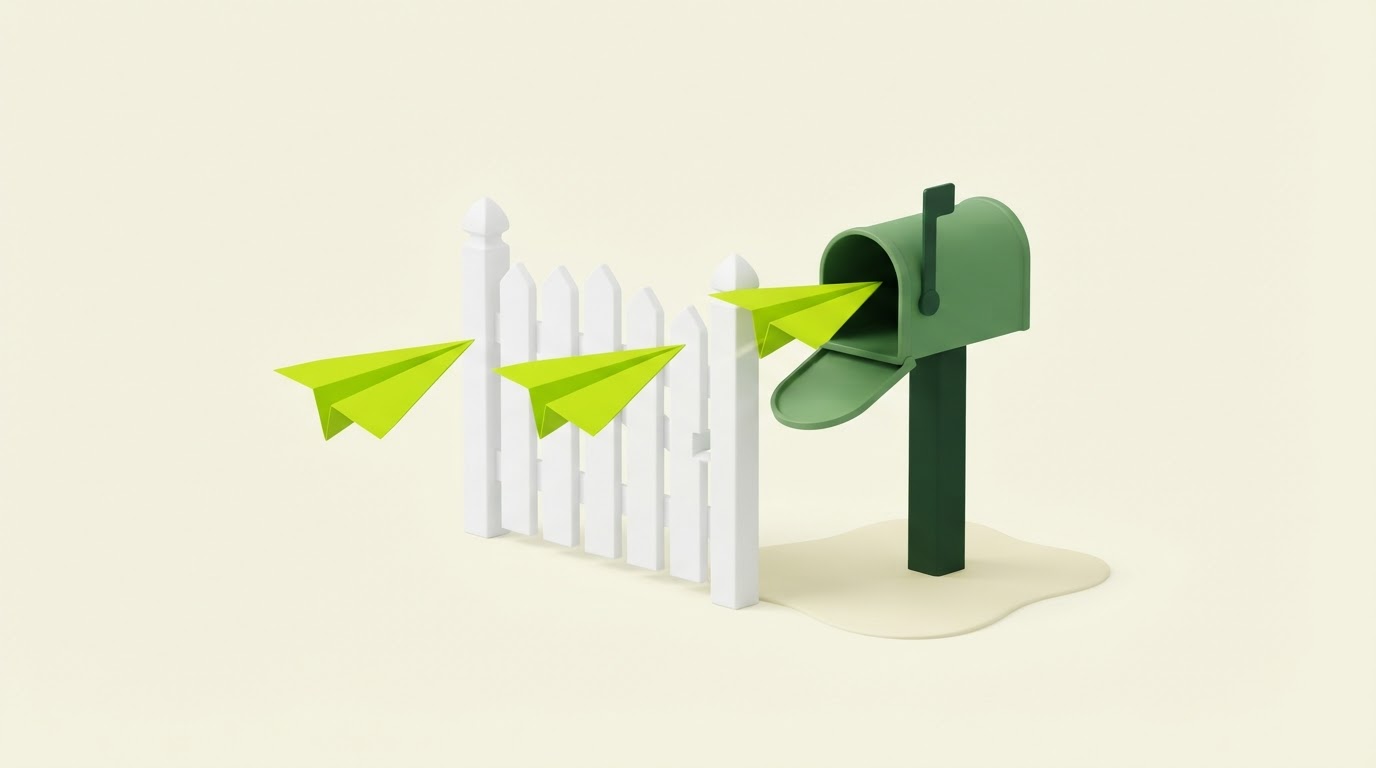 One paper aeroplane reaching a mailbox while two wait behind a gate