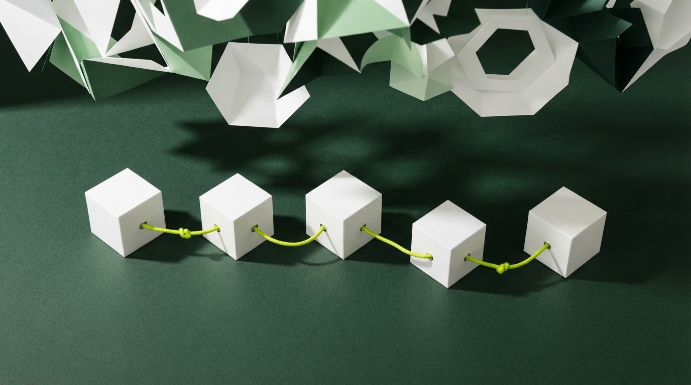 Five white blocks connected by a lime cord