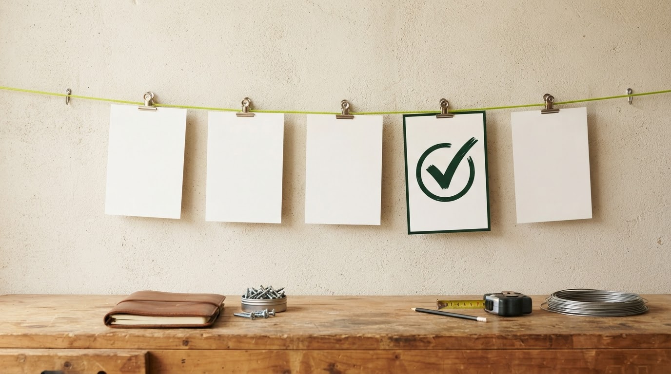 Blank content cards clipped along a lime line above a workbench