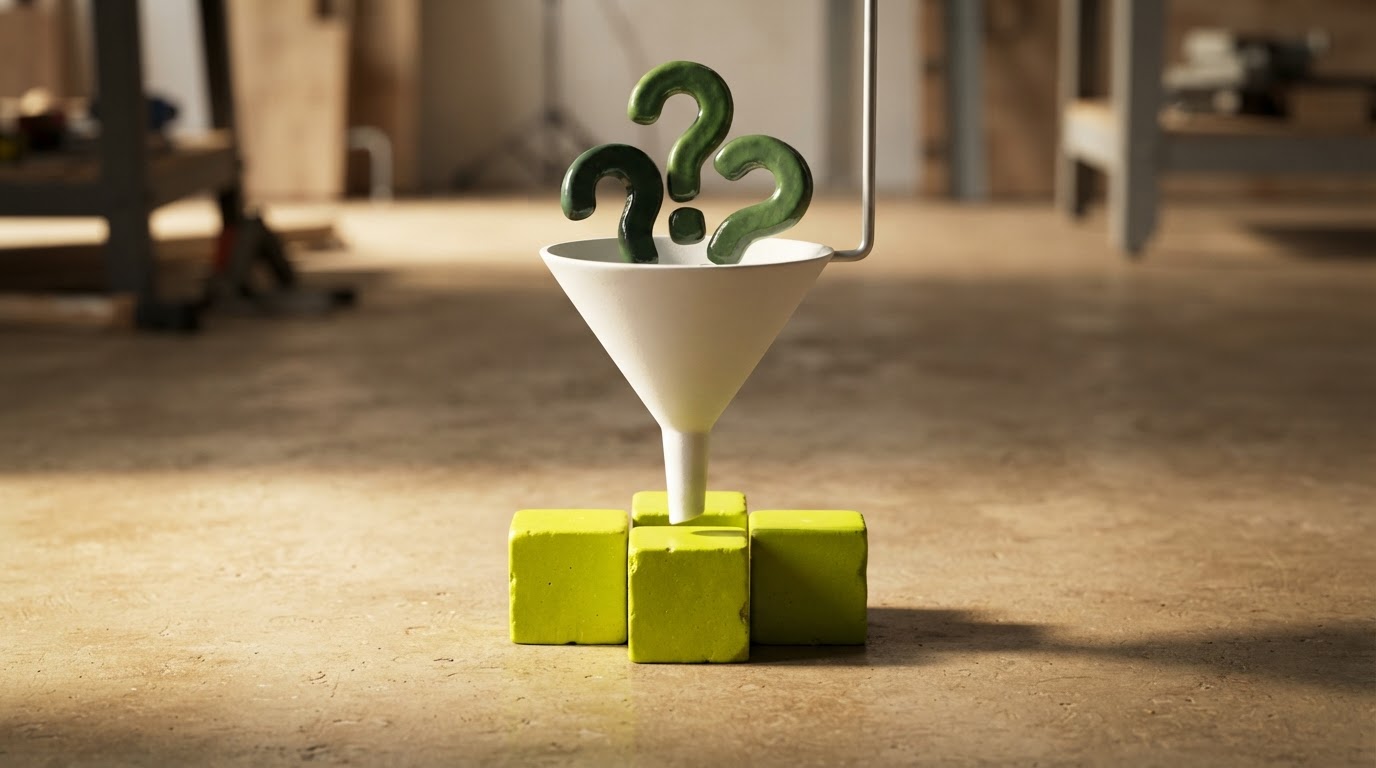 Sculptural funnel sorting question shapes into three simple blocks