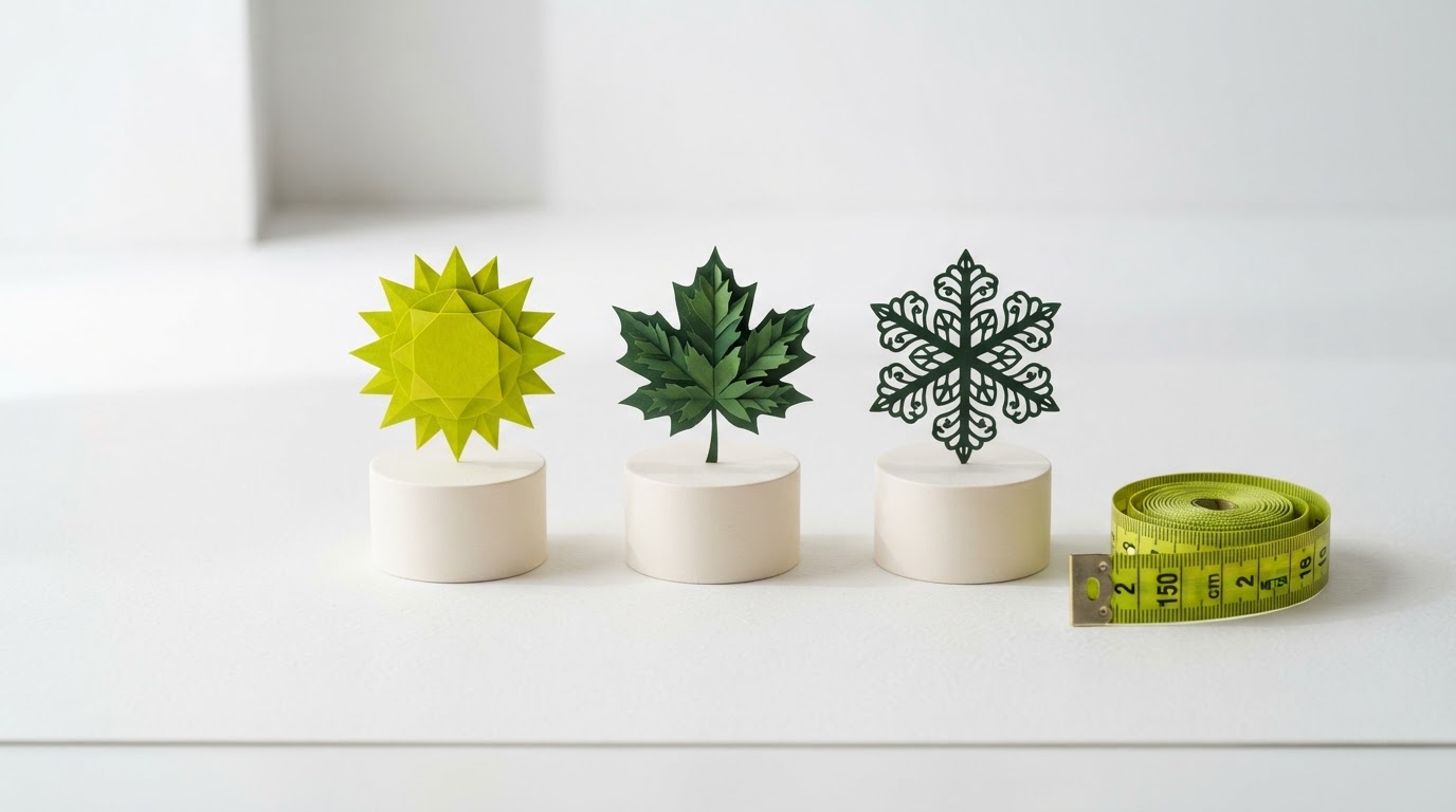 Seasonal symbols arranged on plinths beside a measuring tape