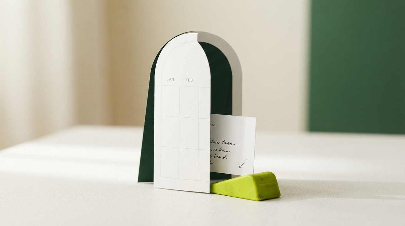 Calendar-shaped paper doorway held open by a lime doorstop
