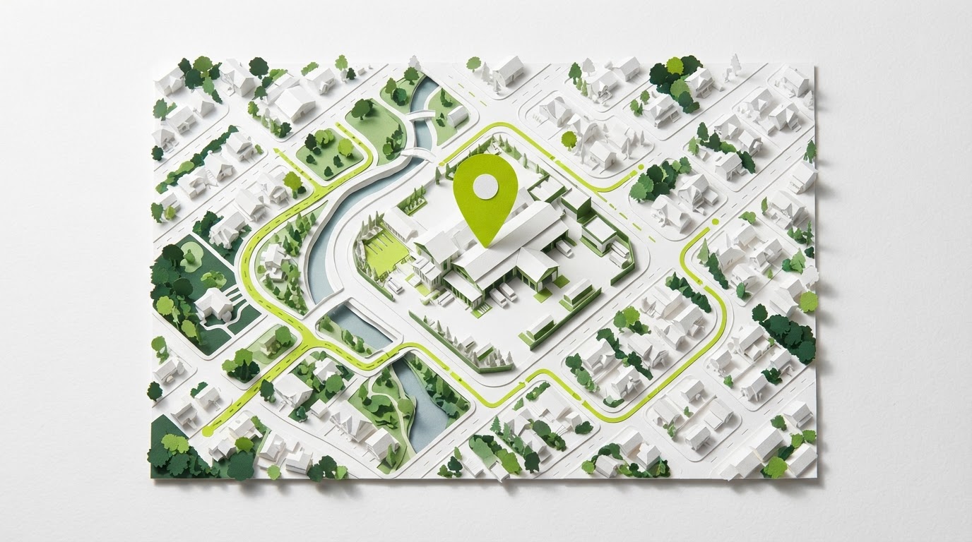 Paper landscape showing one depot and a route through its surrounding area