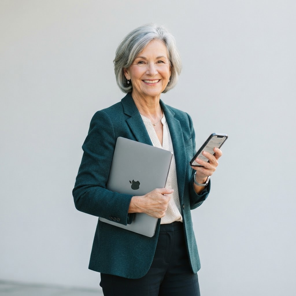 Older adult carrying a laptop and smartphone