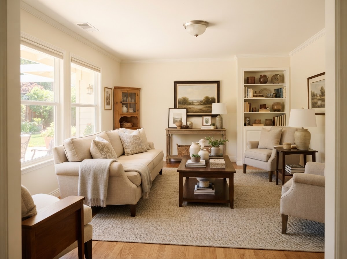 A clean, welcoming home interior staged for an estate sale