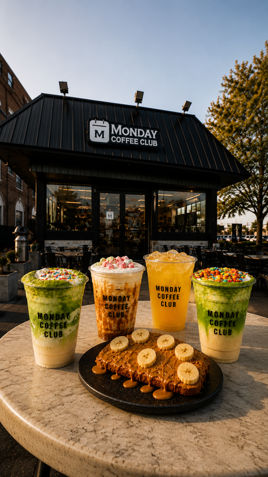 Monday Coffee Club signature drinks and branded cups