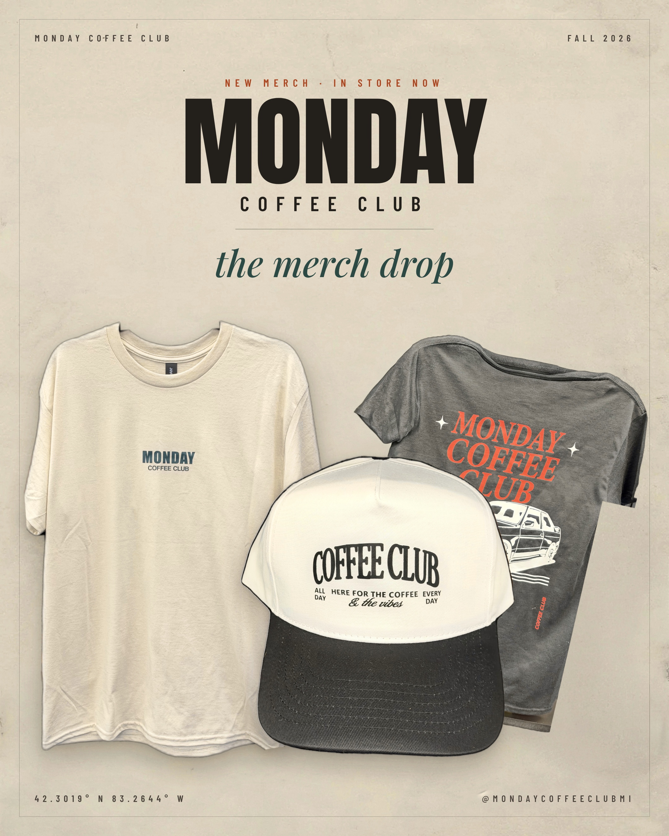 Monday Coffee Club Merch Drop official campaign poster
