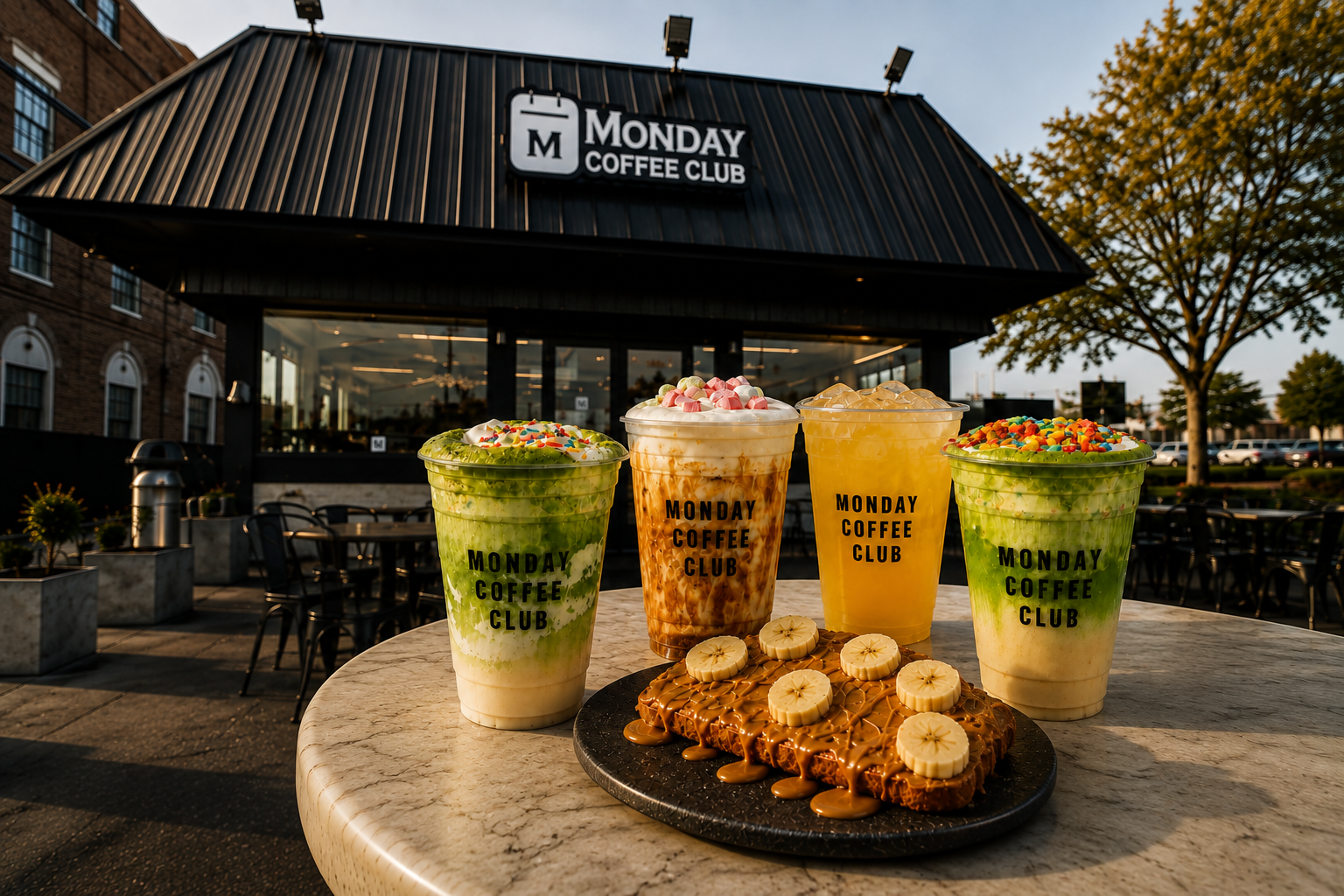 Monday Coffee Club signature drinks and branded cups
