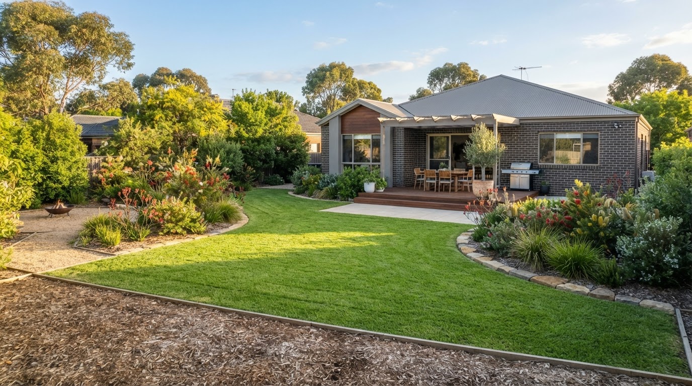 Australian suburban backyard with manicured lawn