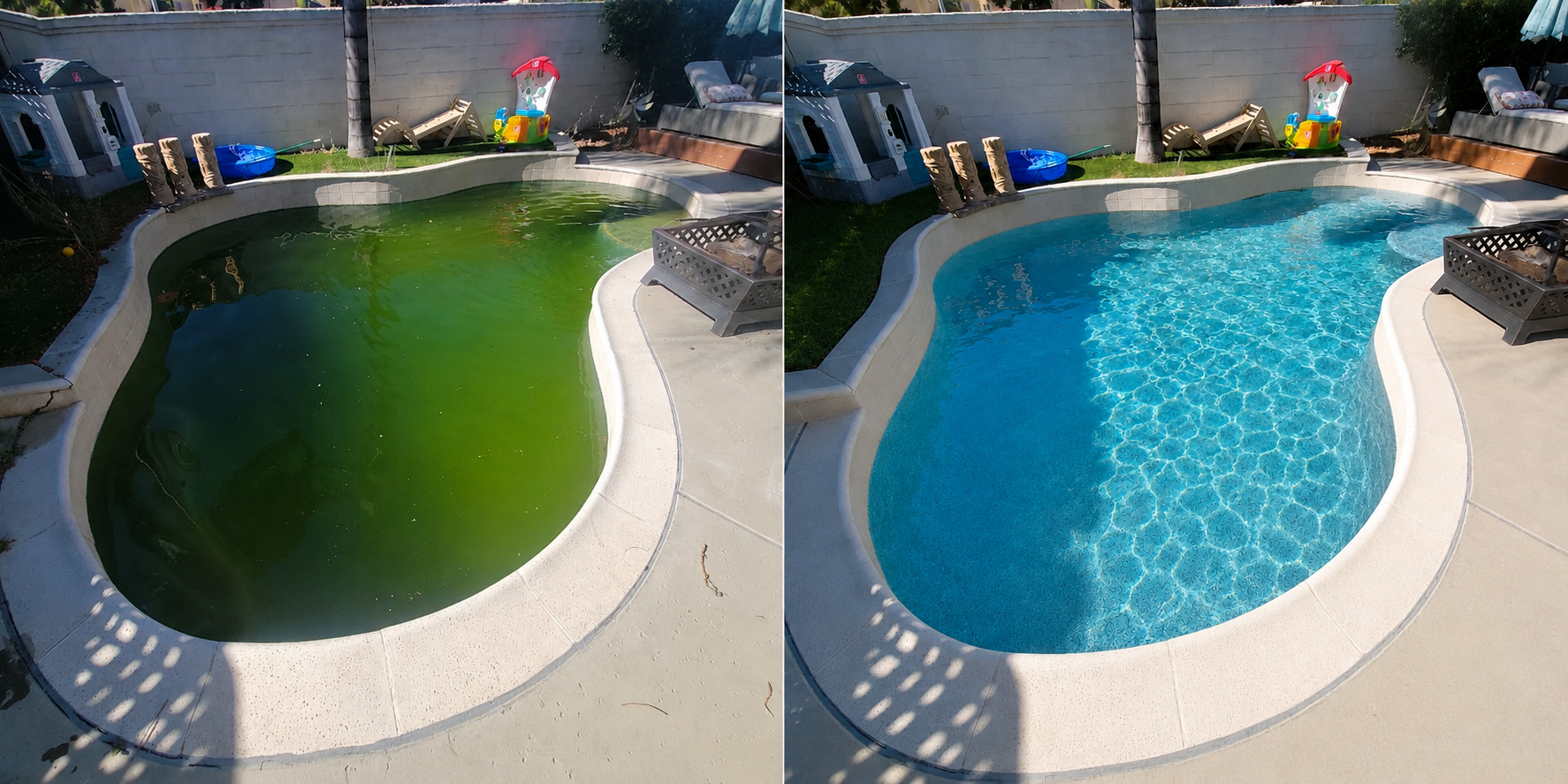 Green to clean pool service in French Valley showing a pool transformed from green algae-filled water to crystal clear blue water