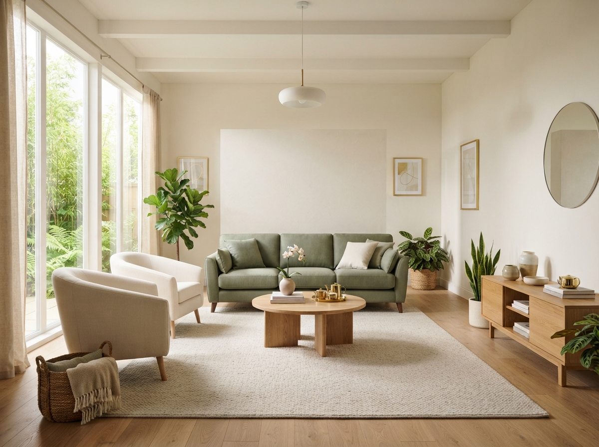 Bright, airy living room with balanced Feng Shui