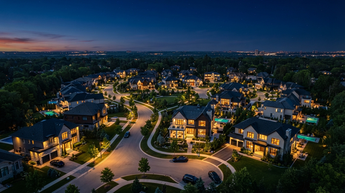 Vecindario residencial moderno al atardecer, agentes de IA para Realtors