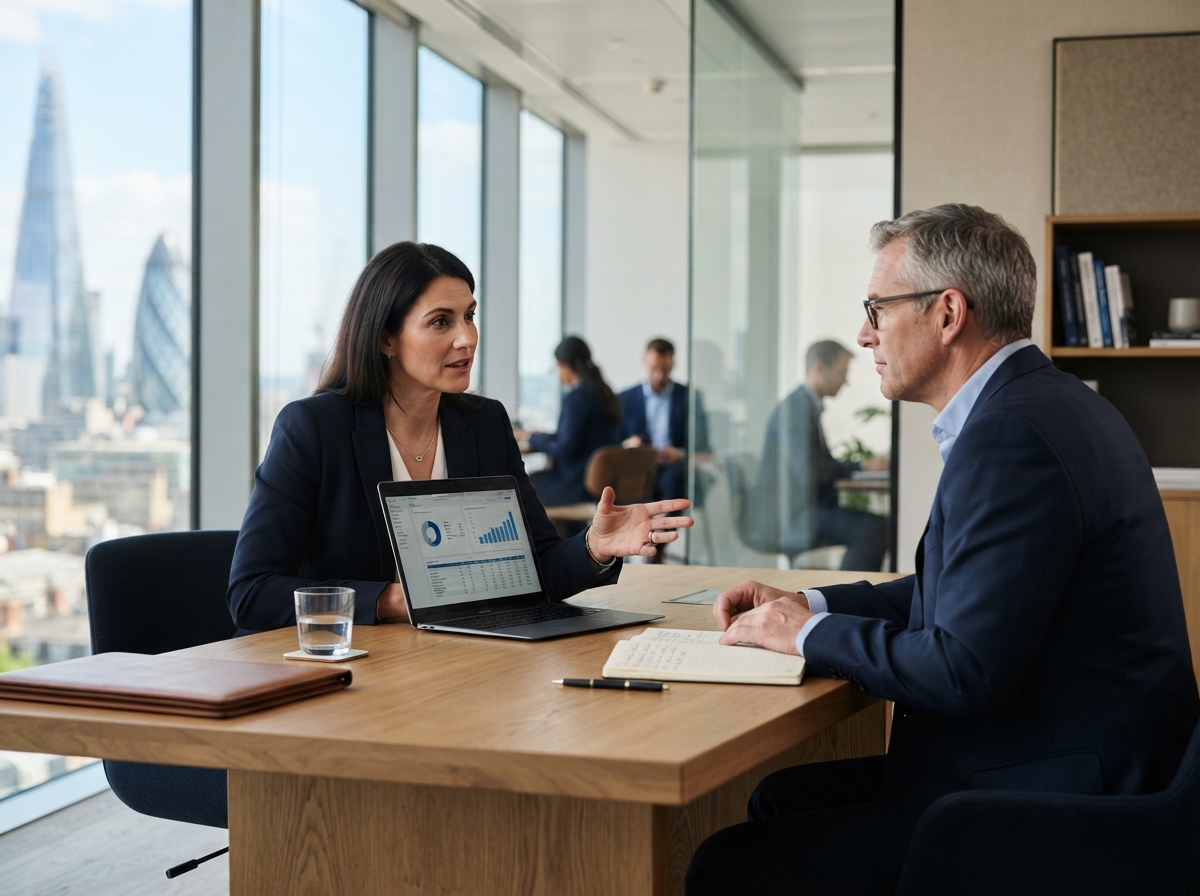 Experienced business consultant in conversation with a client, discussing business processes in a modern office