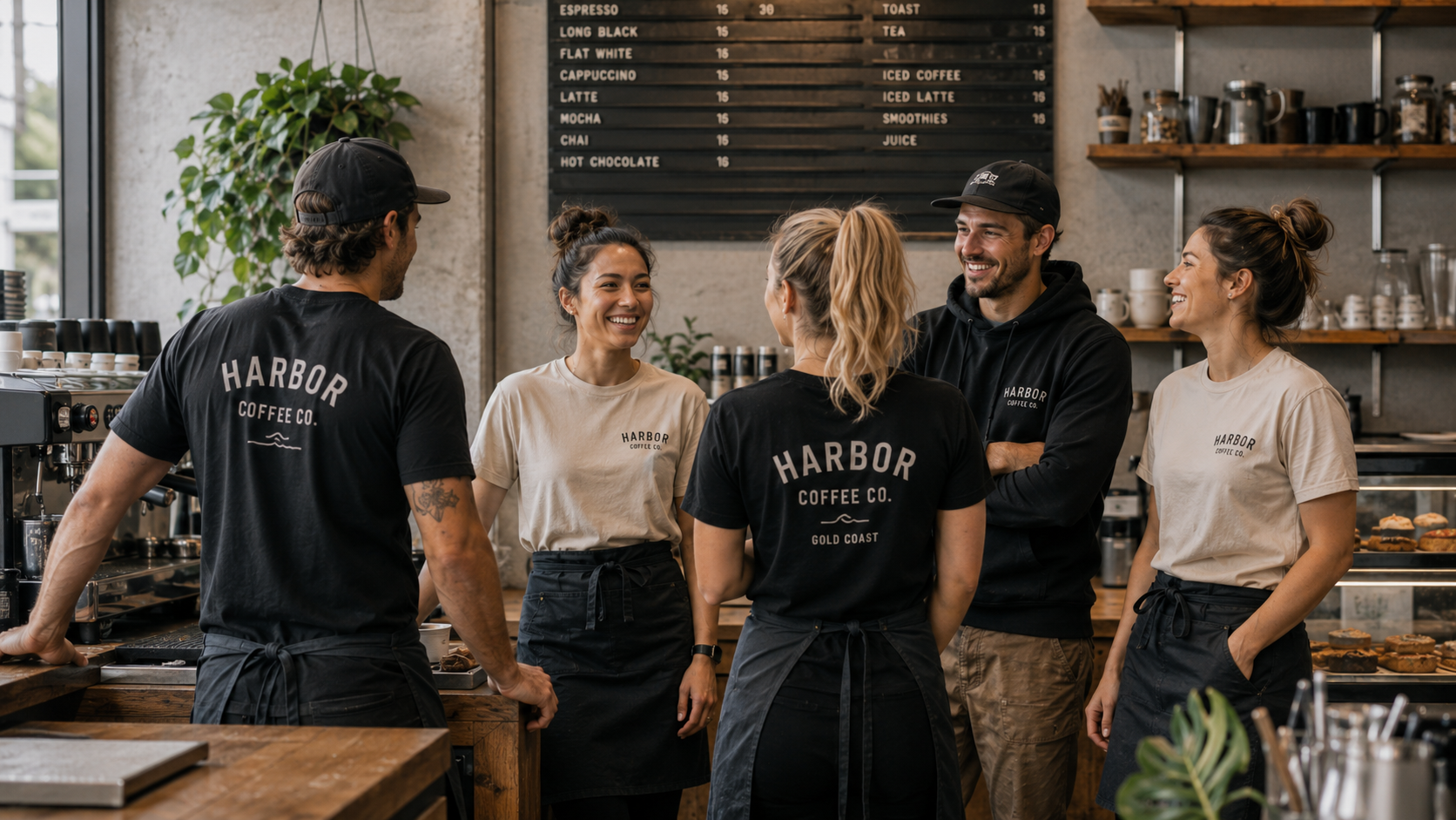 Custom hospitality and food apparel printed by Screenlab — branded tees, aprons and hoodies for cafes and restaurants