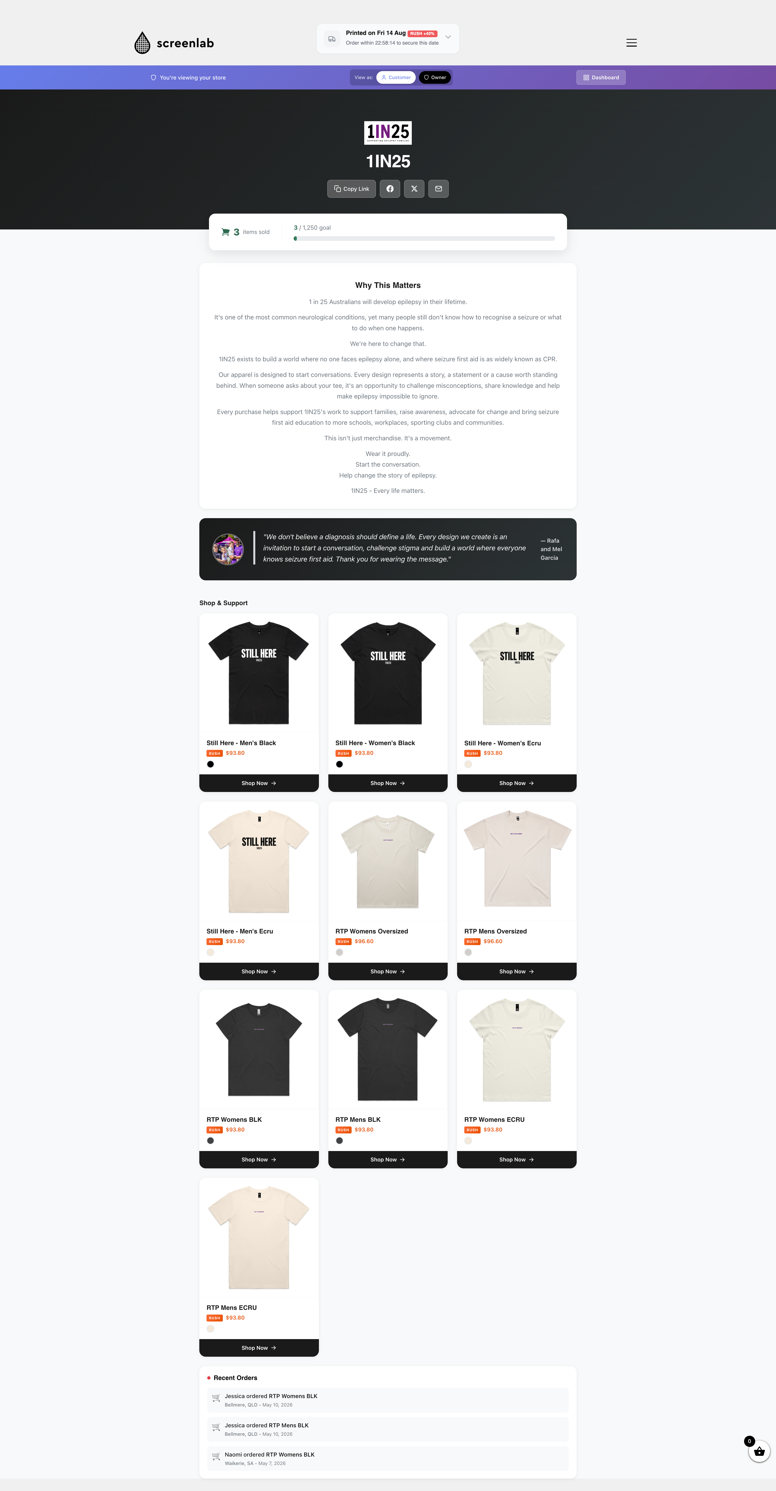 1IN25 live merch store built with Screenlab