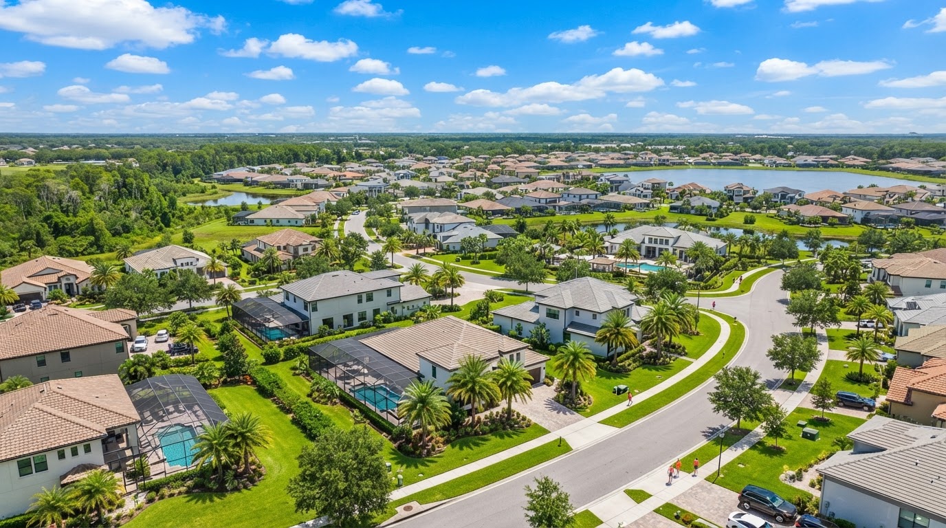 Aerial view of a sunny Central Florida residential neighborhood with manicured lawns and palm trees