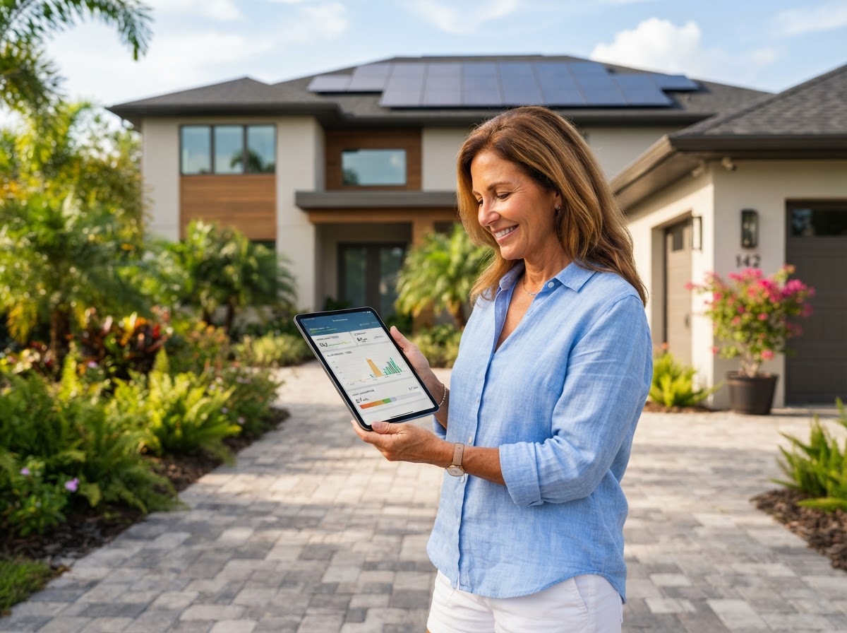 Florida homeowner reviewing household energy usage on a tablet with solar panels on the roof