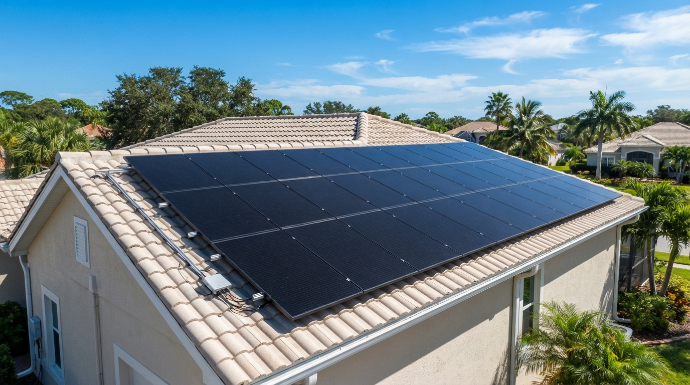 Close-up of residential rooftop solar panels on a Florida home