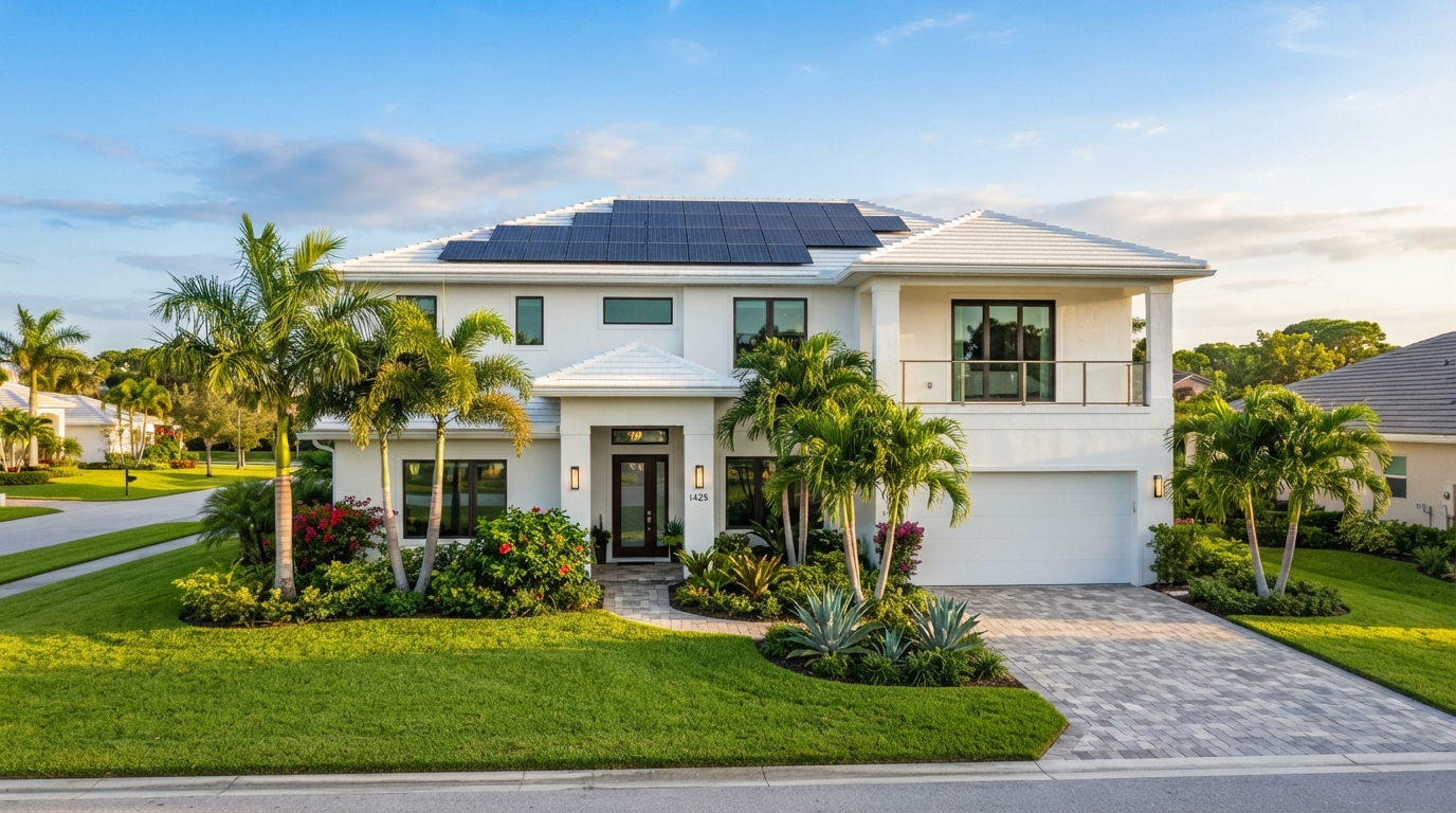 Modern two-story Florida home with a full rooftop solar panel array