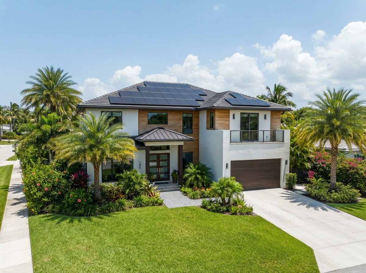 Florida residential home with rooftop solar panels in bright sunlight