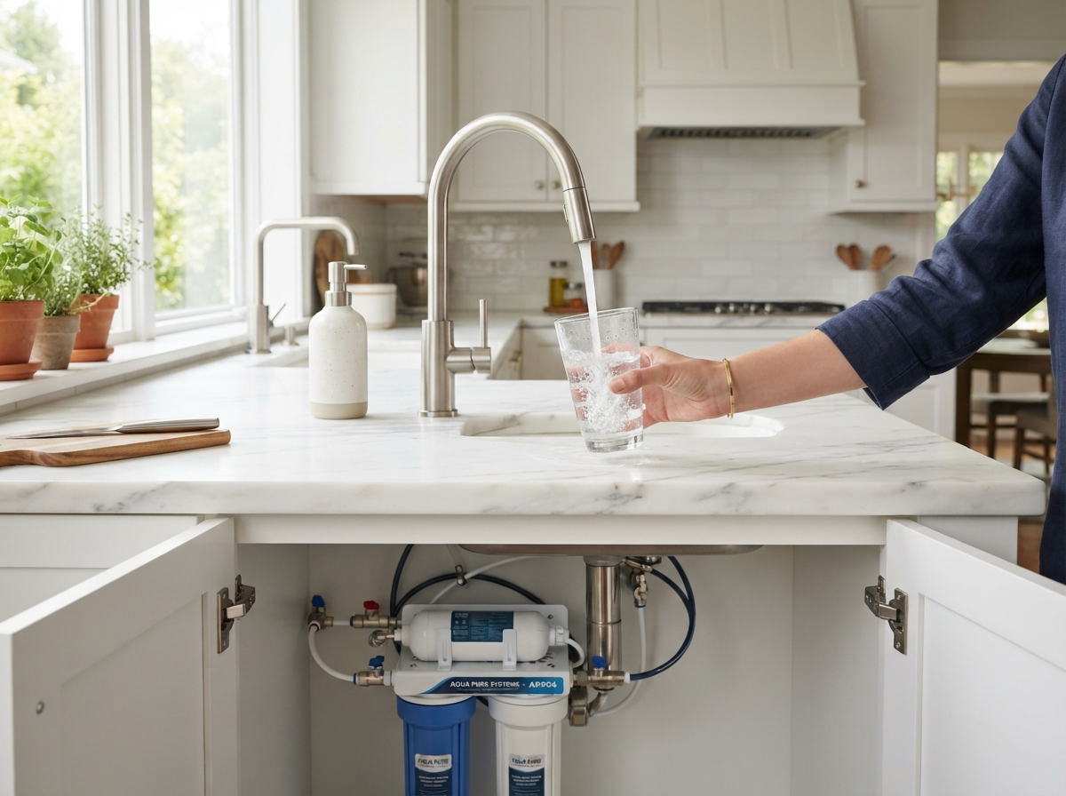 Clean modern residential kitchen with a faucet running clear water and a whole-home filtration system