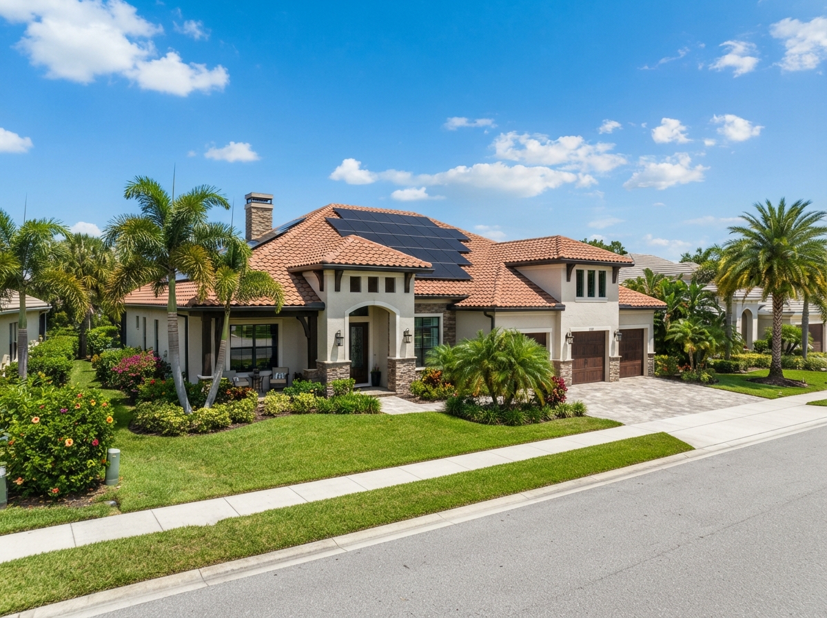 Modern Central Florida stucco home with solar panels on a terracotta tile roof