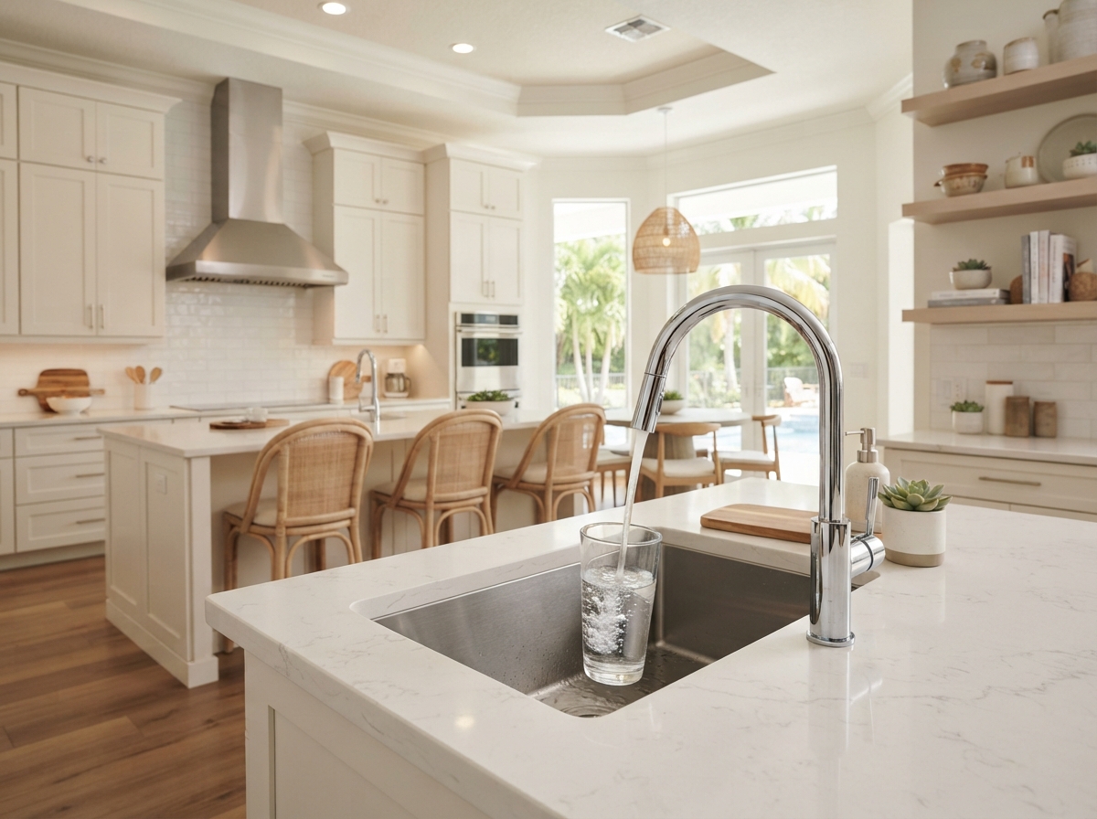 Modern residential kitchen faucet running clear water into a glass